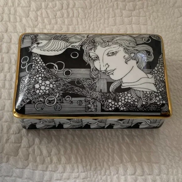 Vintage 80s Hollohaza Szasz Endre Porcelain Lidded Box Trinket 21K Gold Plated - Picture 3 of 13